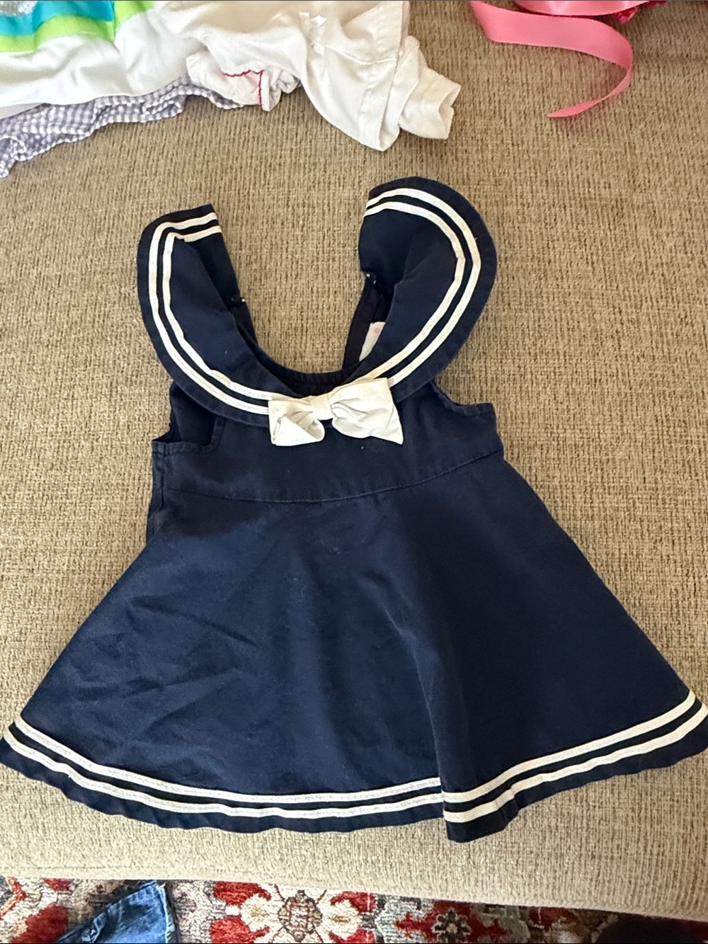 Navy Sailor-Style Girls Dress with White Trim and Bow